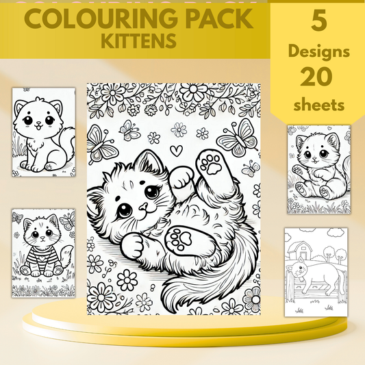 Kittens colouring sheet pack - 5 designs, 20 sheets, Kids and Adult colouring pack, cat mum gift