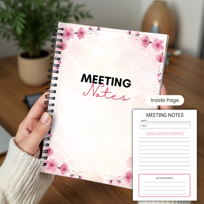 Meeting Notes Book Pink Flowers A5 or A4 - Card Cover, Meeting Agenda Notes, Printed lined inserts, work stationery organiser