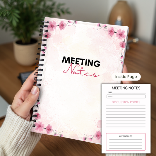 Meeting Notes Book Pink Flowers A5 or A4 - Card Cover, Meeting Agenda Notes, Printed lined inserts, work stationery organiser