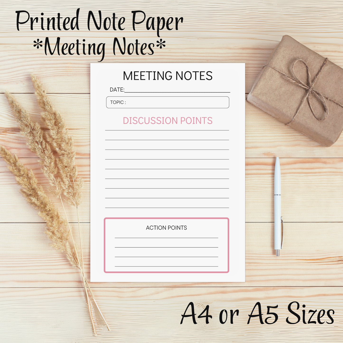 Meeting Notes Lined Printed Note Paper - A4 or A5 sizes, Meeting Agenda Notes, Printed lined inserts, work stationery organiser