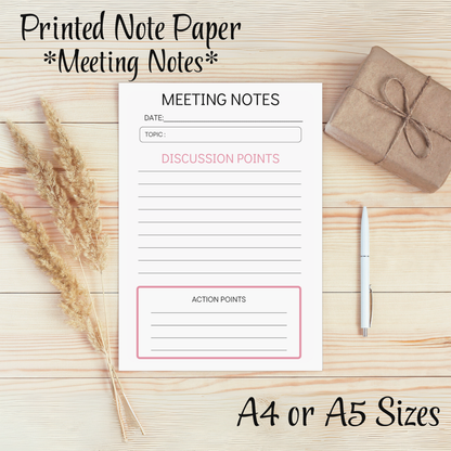 Meeting Notes Lined Printed Note Paper - A4 or A5 sizes, Meeting Agenda Notes, Printed lined inserts, work stationery organiser