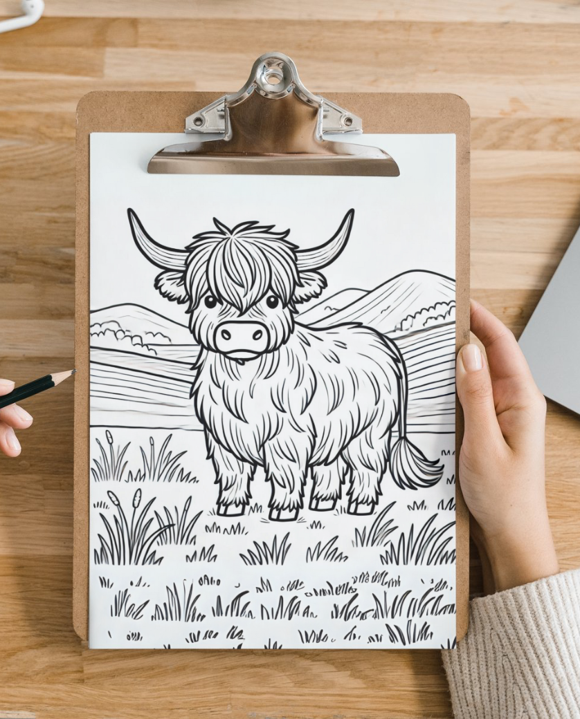 Highland Coo colouring sheet pack - 5 designs, 20 sheets