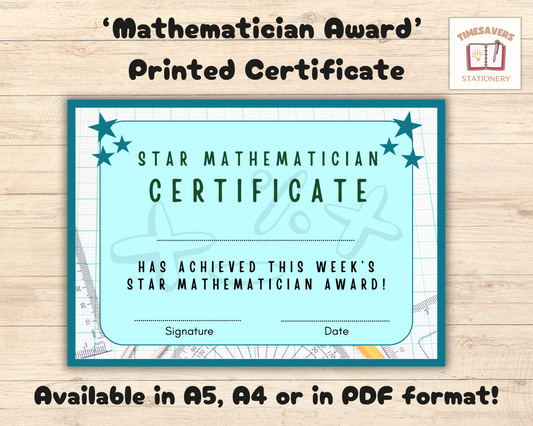 Printed Mathematician of the Week Pupil Award, A4 or A5 certificates, classroom management resources, teacher class resources, home school