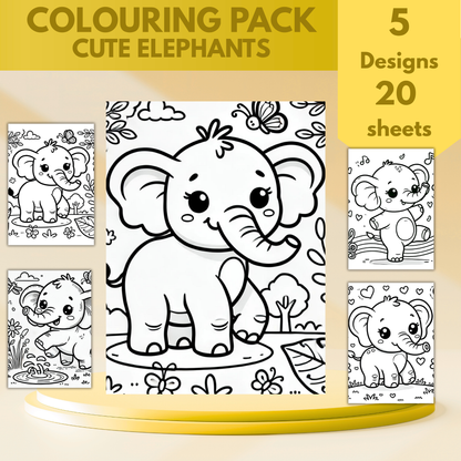 Cute Elephants colouring sheet pack - 5 designs, 20 sheets, Kids and Adult colouring pack, bespoke colouring sheet stationery