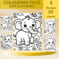 Cute Elephants colouring sheet pack - 5 designs, 20 sheets, Kids and Adult colouring pack, bespoke colouring sheet stationery