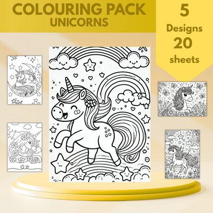 Unicorns colouring sheet pack - 5 designs, 20 sheets, Kids and Adult colouring pack, bespoke colouring sheet stationery