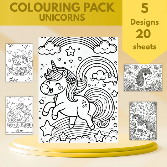 Unicorns colouring sheet pack - 5 designs, 20 sheets, Kids and Adult colouring pack, bespoke colouring sheet stationery