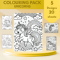 Unicorns colouring sheet pack - 5 designs, 20 sheets, Kids and Adult colouring pack, bespoke colouring sheet stationery