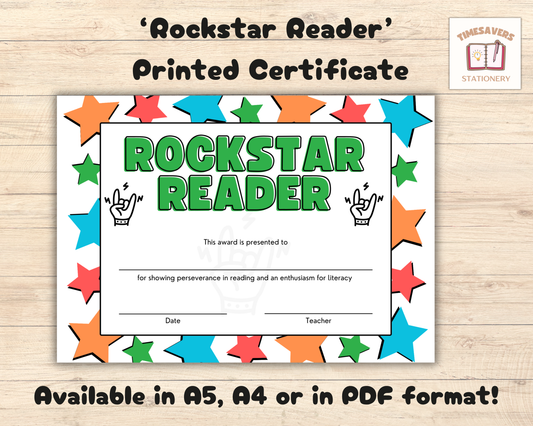 Printed Rockstar Reader Award Pupil Certificate, A4 or A5 certificates, classroom management resources, teacher class resources, home school
