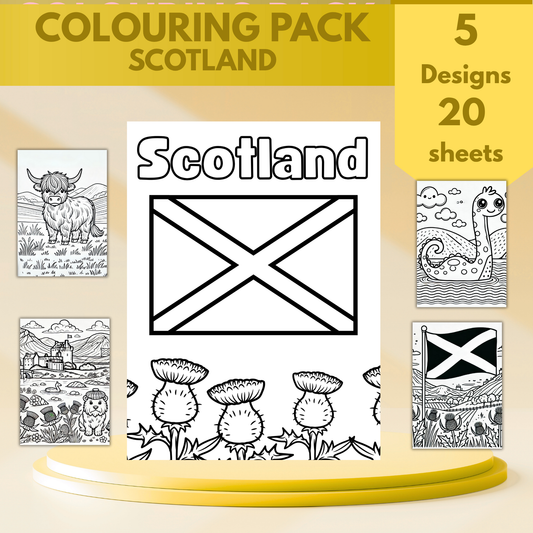 Scotland colouring sheet pack - 5 designs, 20 sheets,Kids and Adult colouring pack, Scotland gift colouring sheet stationery