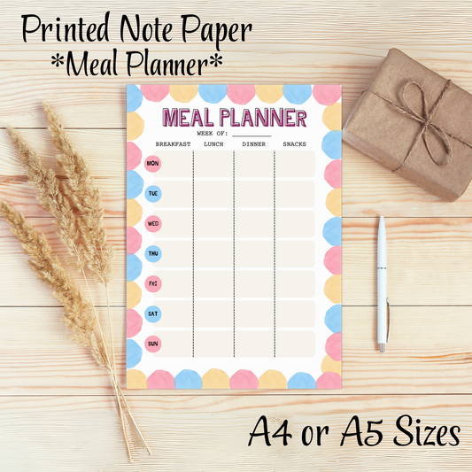 Meal Planning Printed Note Paper - A4 or A5 sizes,  Work Study or Class stationery, Lined paper inserts