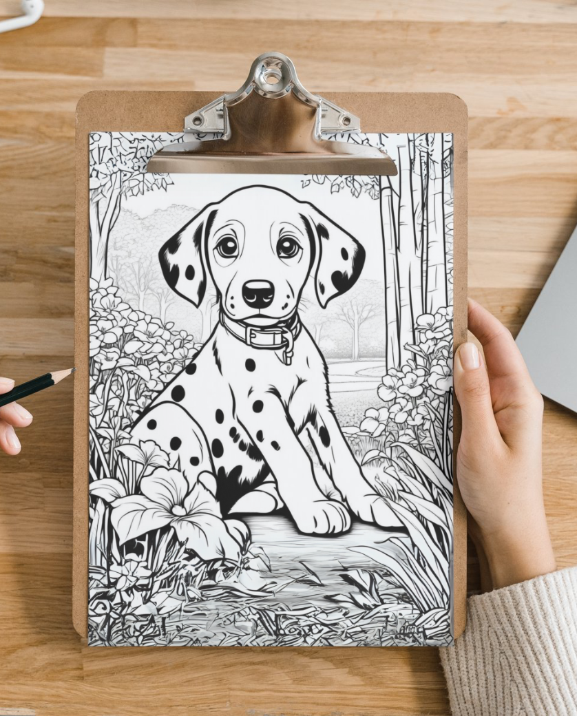 Dalmatian colouring sheet pack - 5 designs, 20 sheets