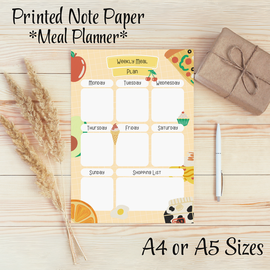 Meal Planning Printed Note Paper - A4 or A5 sizes,  Work Study or Class stationery, Lined paper inserts