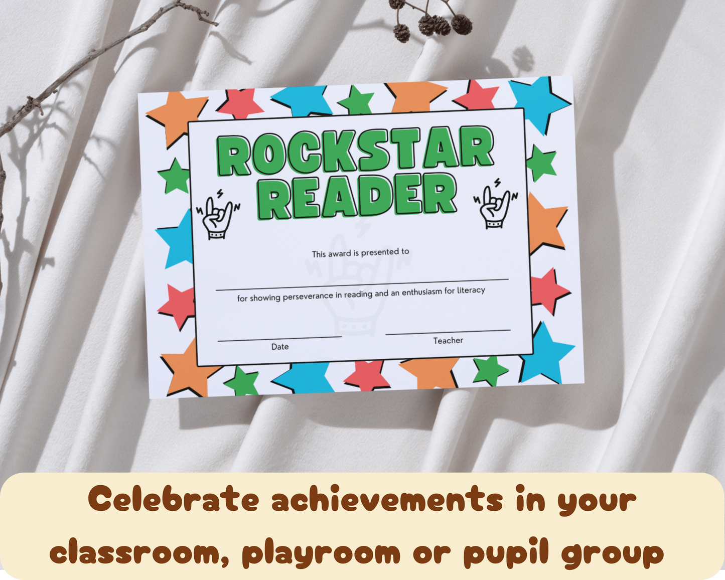 Printed Rockstar Reader Award Pupil Certificate, A4 or A5 certificates, classroom management resources, teacher class resources, home school