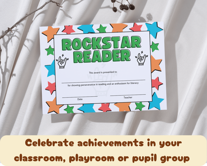 Printed Rockstar Reader Award Pupil Certificate, A4 or A5 certificates, classroom management resources, teacher class resources, home school