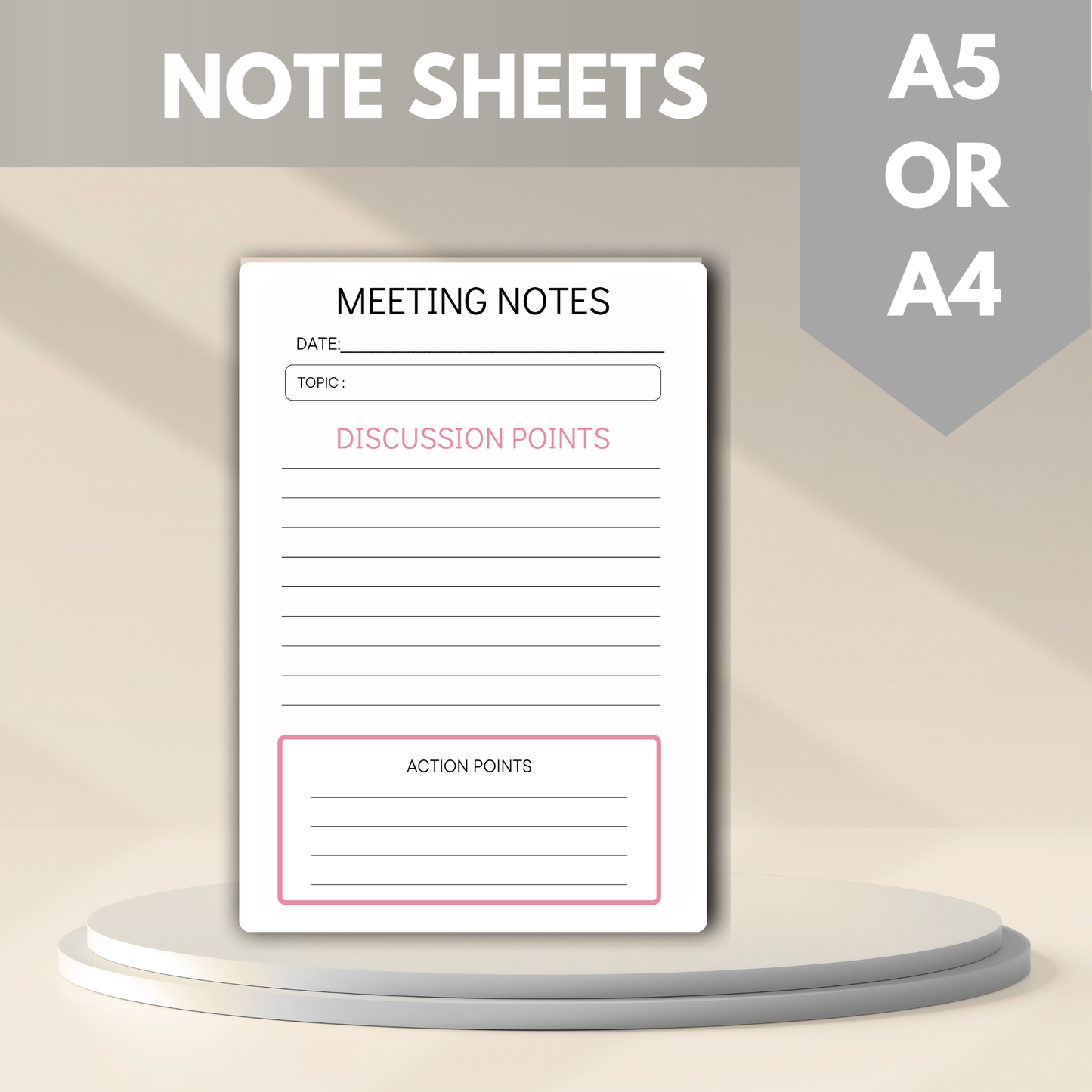 Meeting Notes Lined Printed Note Paper - A4 or A5 sizes, Meeting Agenda Notes, Printed lined inserts, work stationery organiser