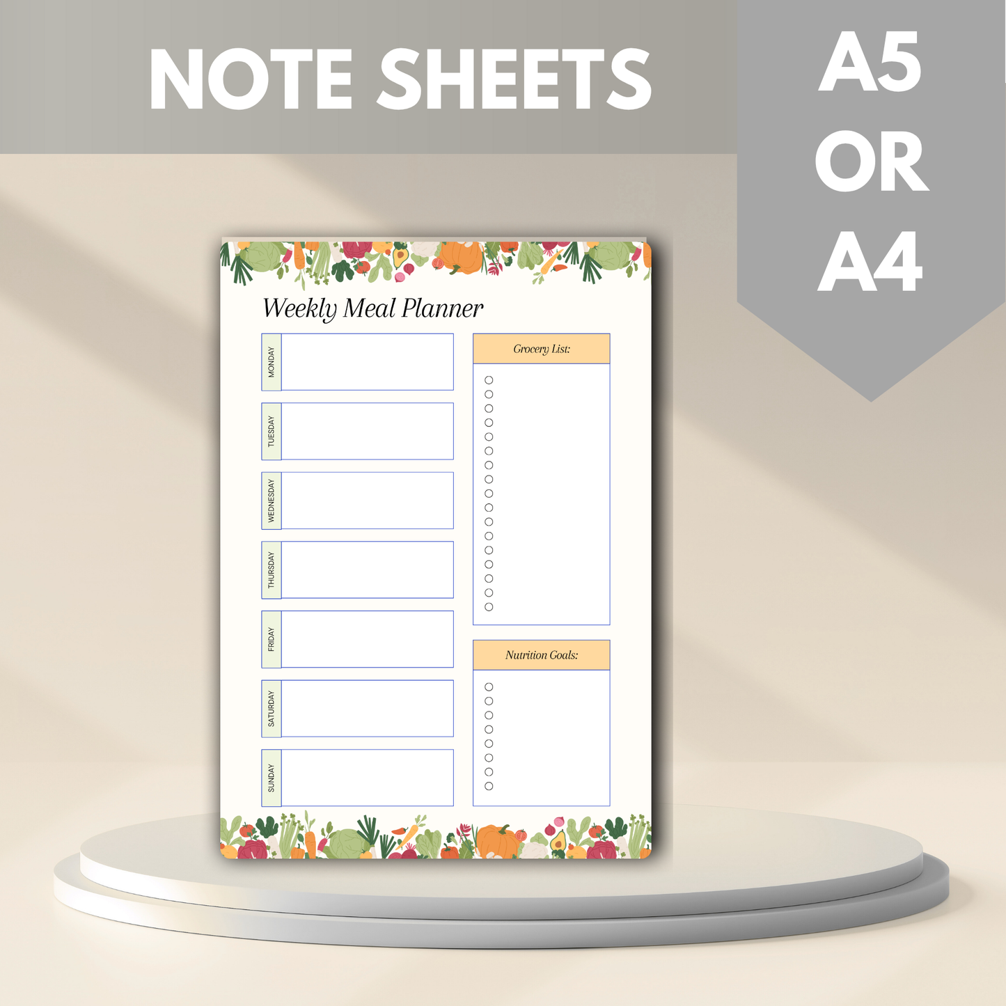 Meal Planning Printed Note Paper - A4 or A5 sizes,  Work Study or Class stationery, Lined paper inserts