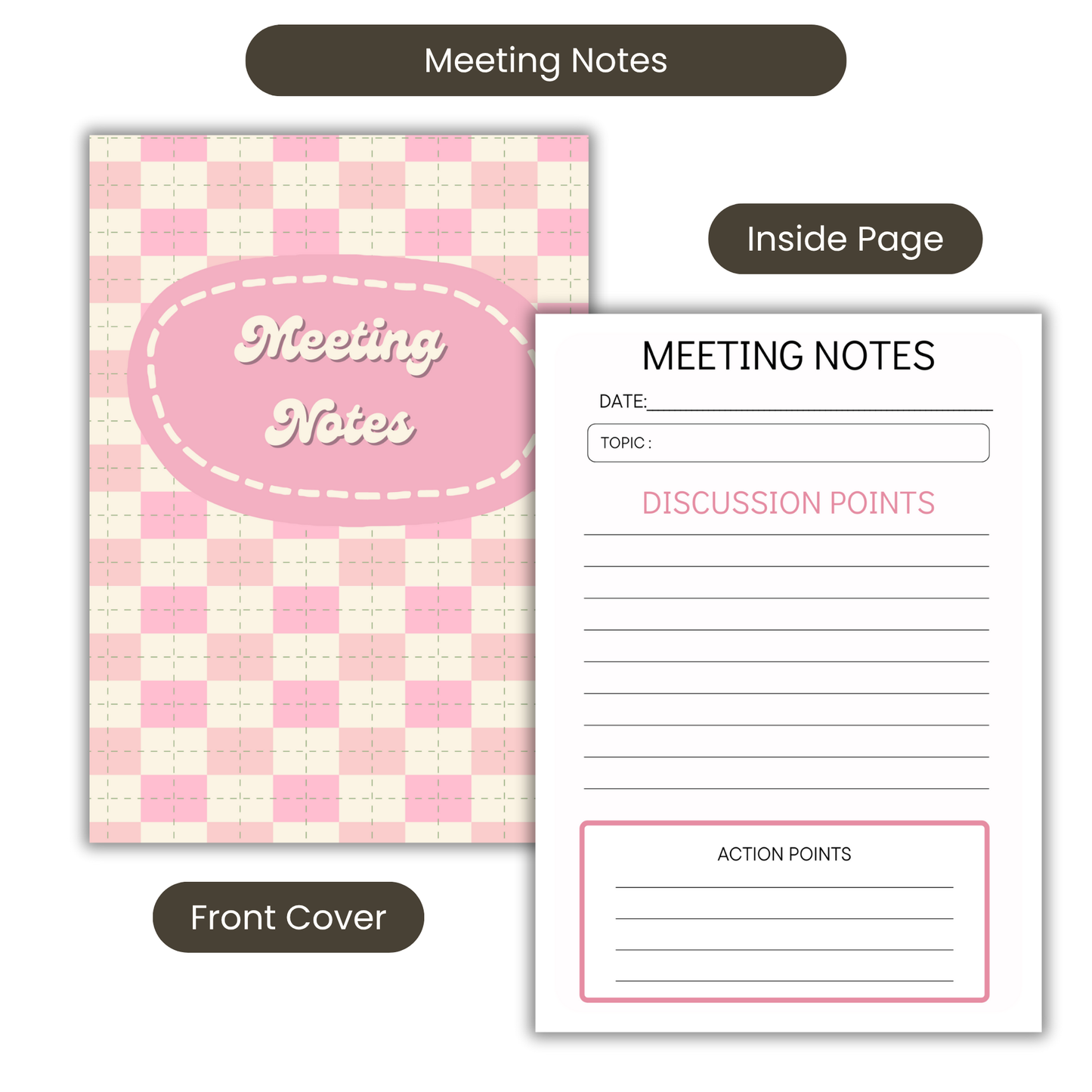 Meeting Notes Book Pink Checkerboard A5 or A4, Meeting Agenda Notes, Printed lined inserts, work stationery organiser