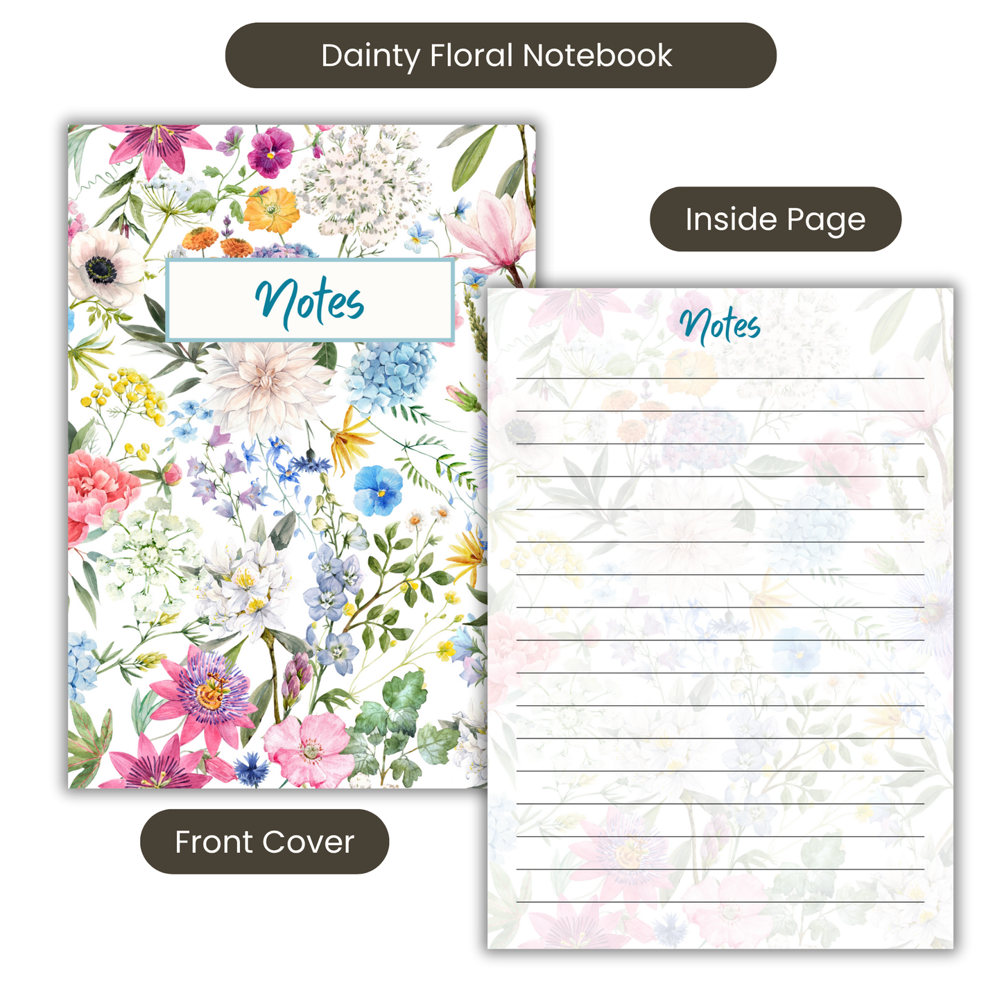 Dainty Floral Notebook A5 or A4, Cute Work Stationery, Floral Notebook, Back to School notebooks, cute stationery