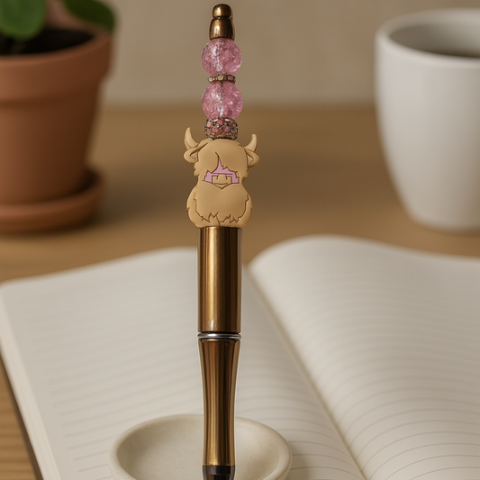 Highland Coo Beaded Pen - Handmade beaded pen black ink, Cute stationery pen