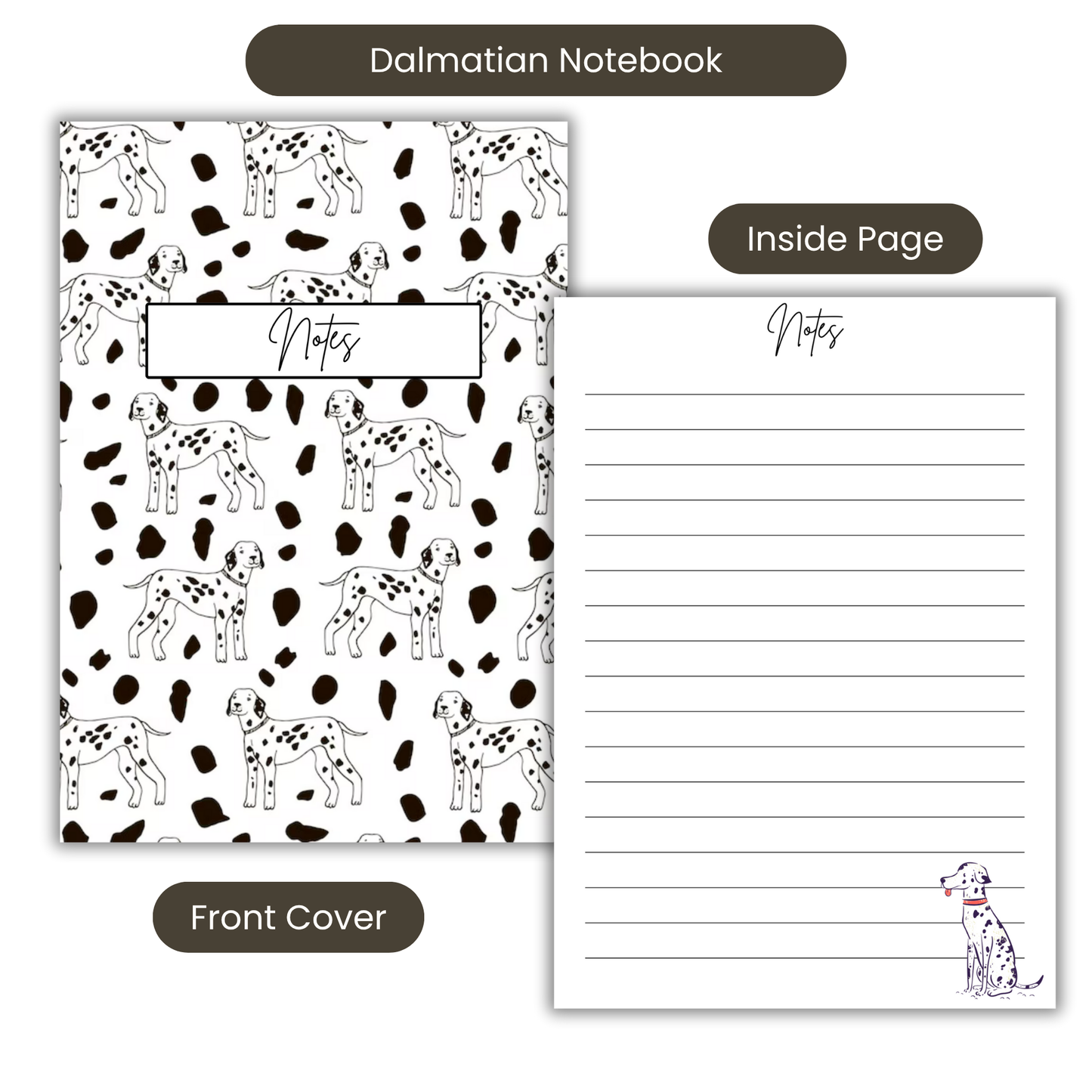 Dalmatian B/W Notebook A5 or A4, , Dog mum gift, Dalmatian print notebook stationery for work, student