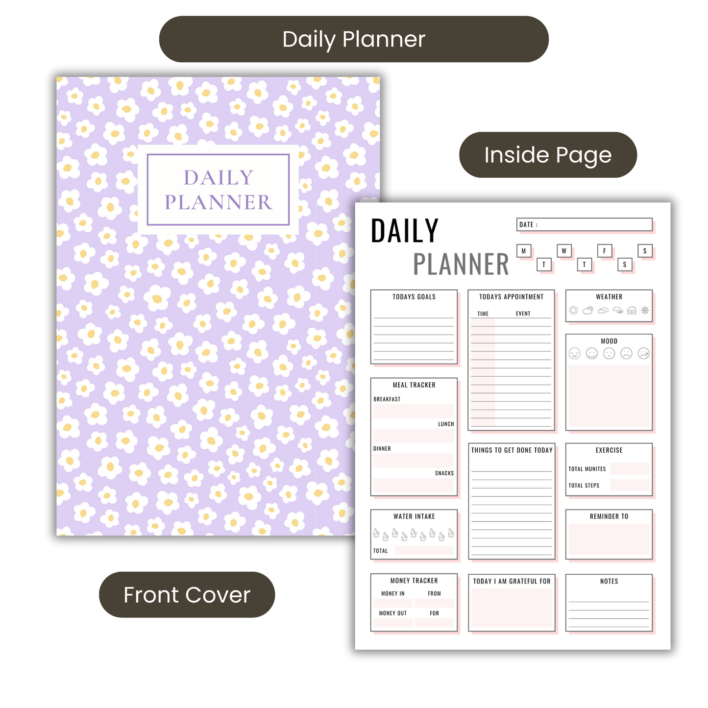 Lilac Daisies Daily Planner A5 or A4 inserts, Daily Journal, Work Student Planner