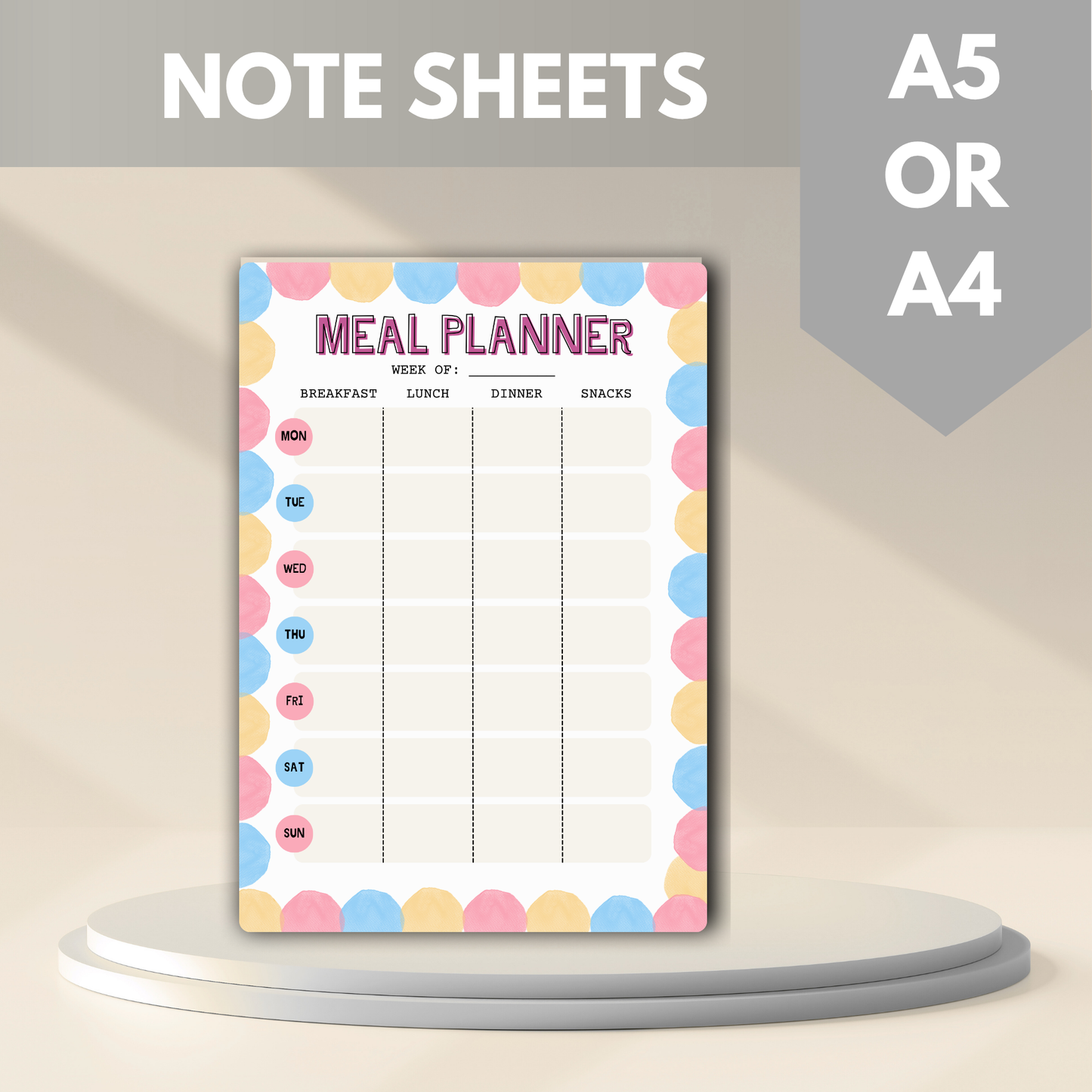 Meal Planning Printed Note Paper - A4 or A5 sizes,  Work Study or Class stationery, Lined paper inserts