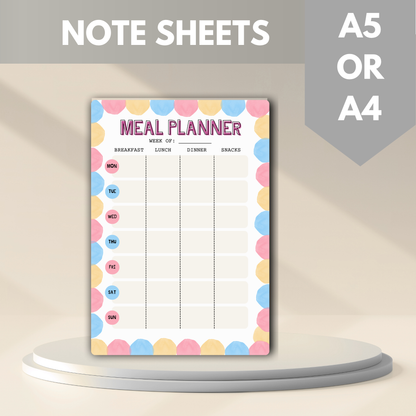Meal Planning Printed Note Paper - A4 or A5 sizes,  Work Study or Class stationery, Lined paper inserts