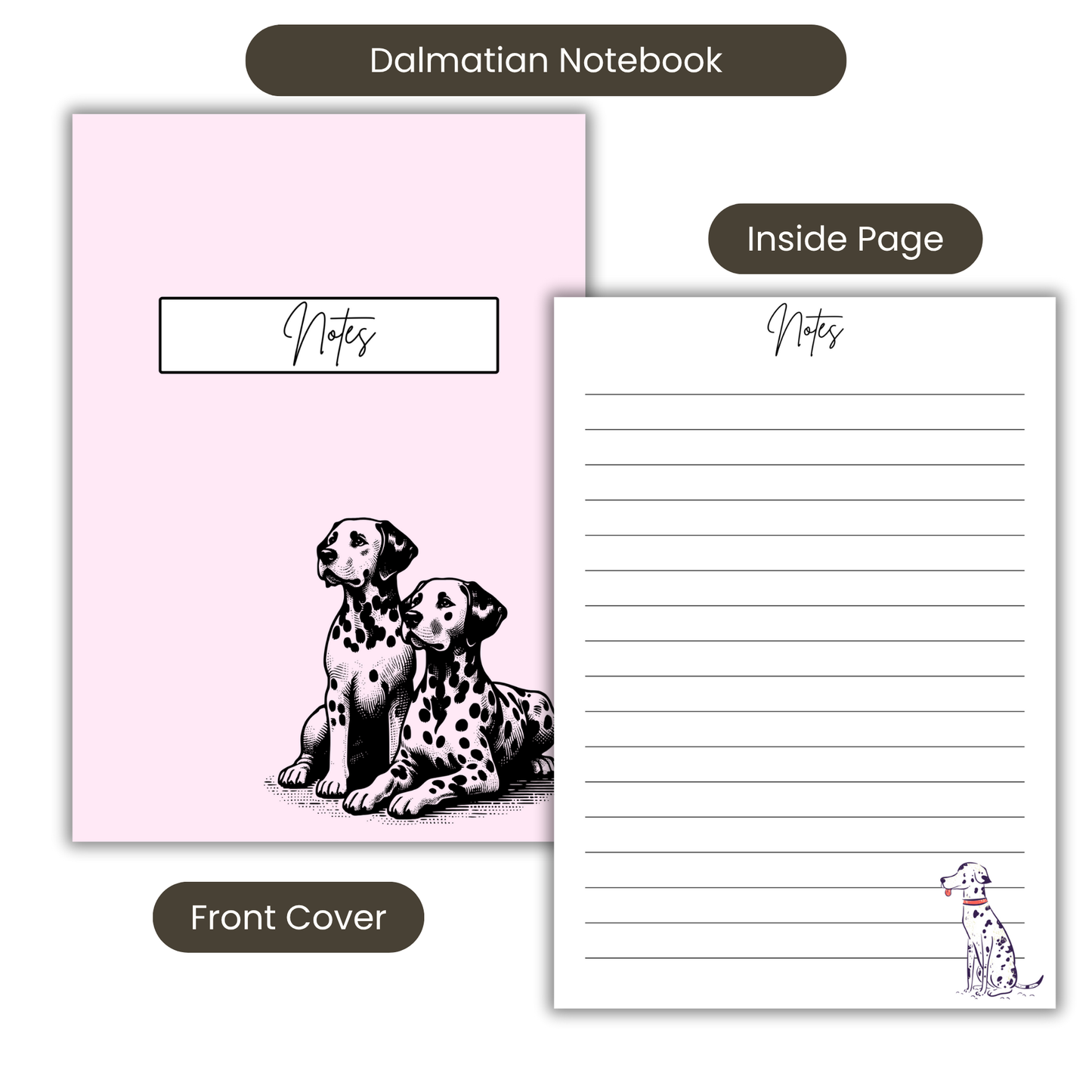 Dalmatian Baby Pink Notebook A5 or A4, , Dog mum gift, Dalmatian print notebook stationery for work, student