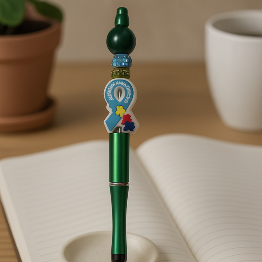 Autism Awareness Beaded Pen - Handmade beaded pen black ink, Cute stationery pen