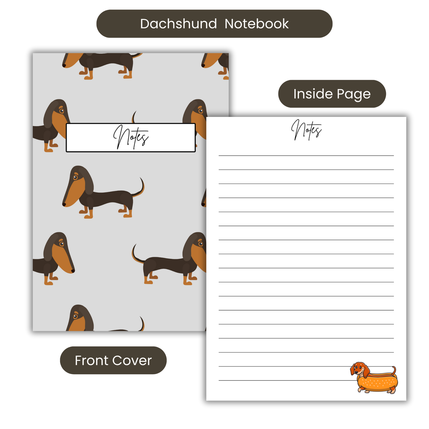 Dachshund Cute Notebook A5 or A4, dog mum gift, Cute notebooks for students and work