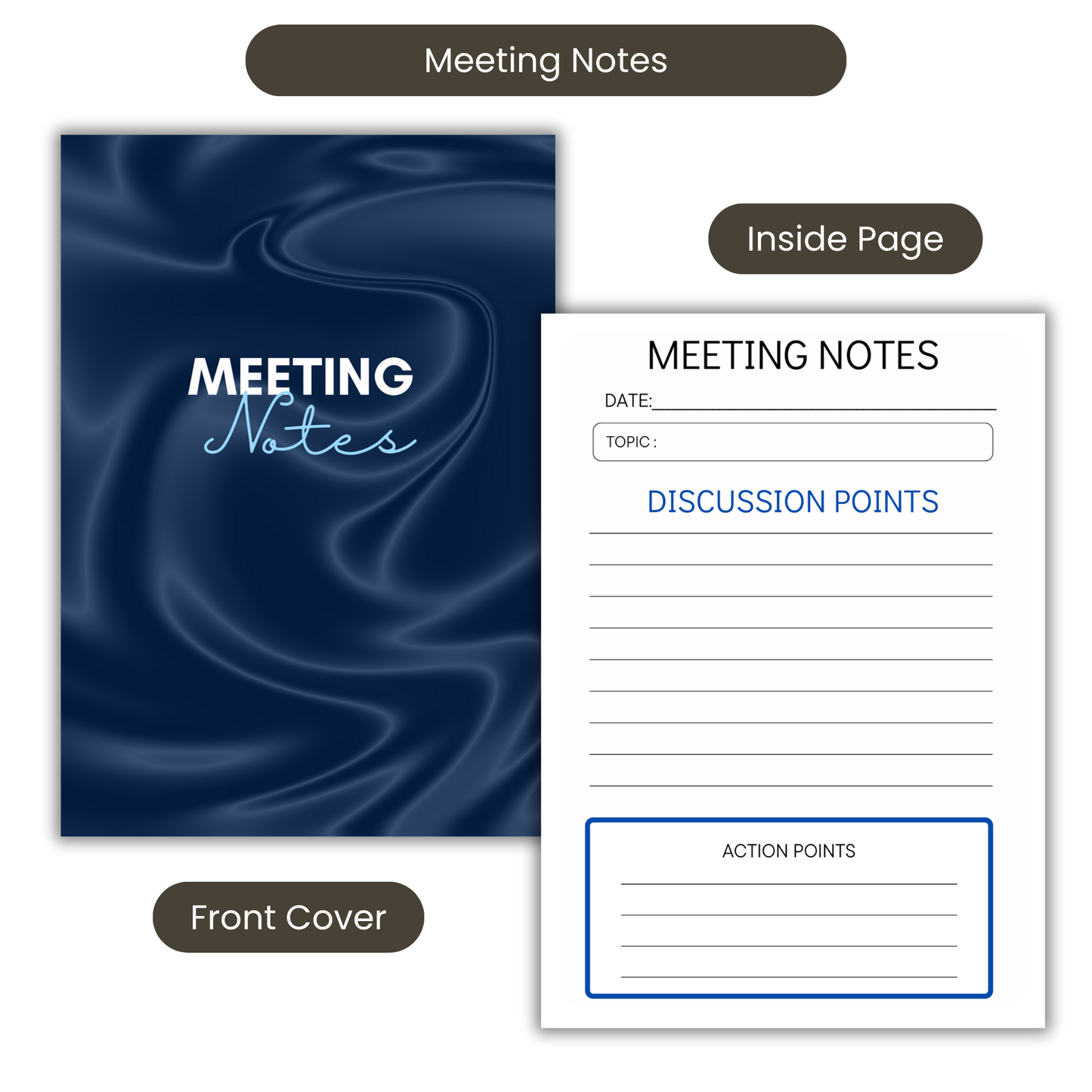 Meeting Notes Book Navy Swirls A5 or A4, Meeting Agenda Notes, Printed lined inserts, work stationery organiser