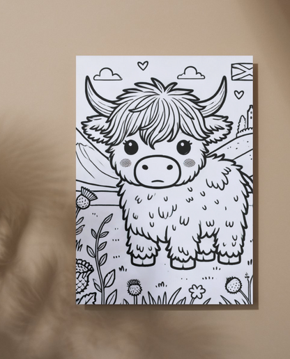 Highland Coo colouring sheet pack - 5 designs, 20 sheets