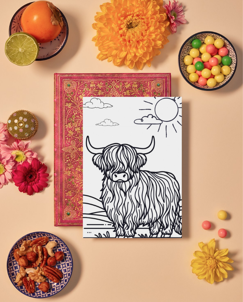 Highland Coo colouring sheet pack - 5 designs, 20 sheets