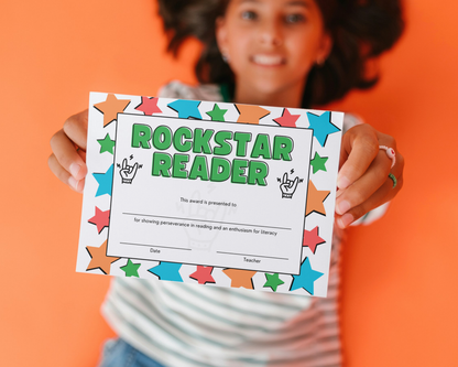 Printed Rockstar Reader Award Pupil Certificate, A4 or A5 certificates, classroom management resources, teacher class resources, home school