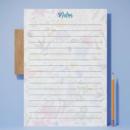 Floral Pattern Note List, Lined Printed Note Paper - A4 or A5 sizes,  Work Study or Class stationery, Lined paper inserts