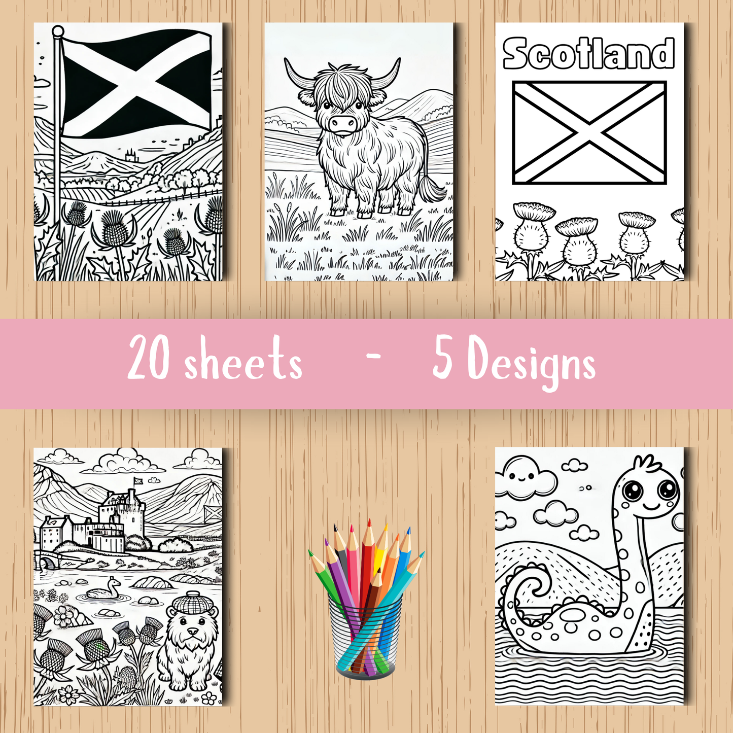 Scotland colouring sheet pack - 5 designs, 20 sheets,Kids and Adult colouring pack, Scotland gift colouring sheet stationery
