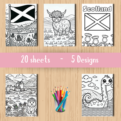 Scotland colouring sheet pack - 5 designs, 20 sheets,Kids and Adult colouring pack, Scotland gift colouring sheet stationery