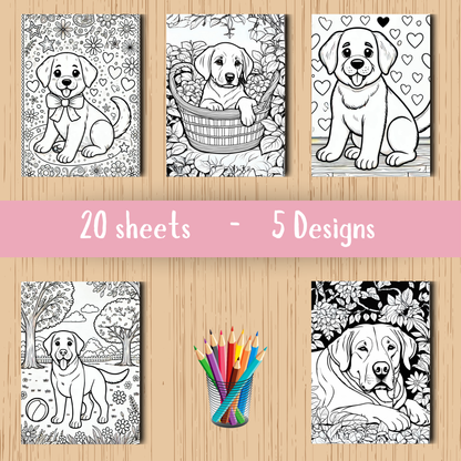 Labrador colouring sheet pack - 5 designs, 20 sheets, dog mum gift, Kids and Adult colouring pack