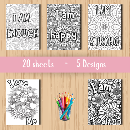 Positive Affirmations colouring sheet pack - 4 designs, 20 sheets, Kids and Adult colouring pack, bespoke colouring sheet stationery