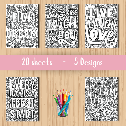Positive Quotes colouring sheet pack - 4 designs, 20 sheets, Kids and Adult colouring pack, bespoke colouring sheet stationery