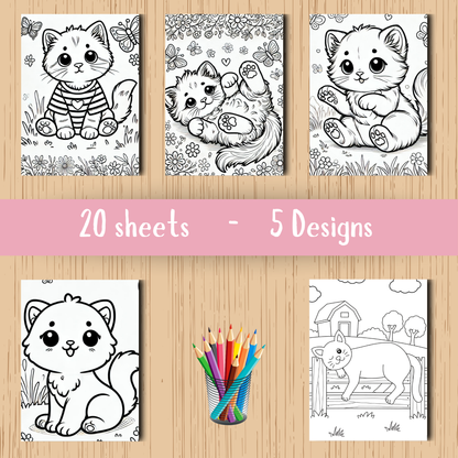 Kittens colouring sheet pack - 5 designs, 20 sheets, Kids and Adult colouring pack, cat mum gift