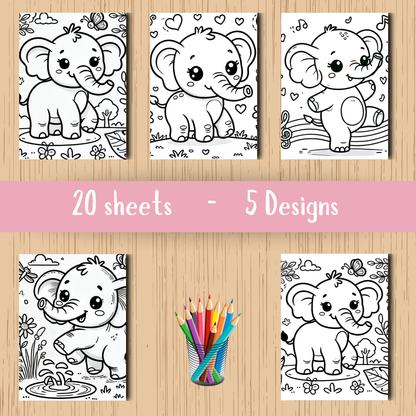 Cute Elephants colouring sheet pack - 5 designs, 20 sheets, Kids and Adult colouring pack, bespoke colouring sheet stationery
