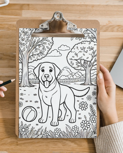 Labrador colouring sheet pack - 5 designs, 20 sheets