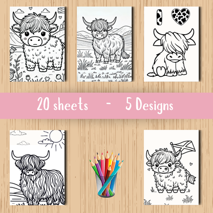 Highland Coo colouring sheet pack - 5 designs, 20 sheets, Scotland gift,  Kids and Adult colouring pack, colouring stationery