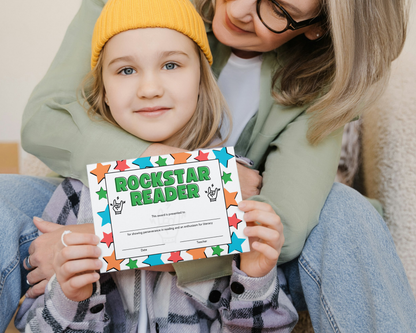 Printed Rockstar Reader Award Pupil Certificate, A4 or A5 certificates, classroom management resources, teacher class resources, home school