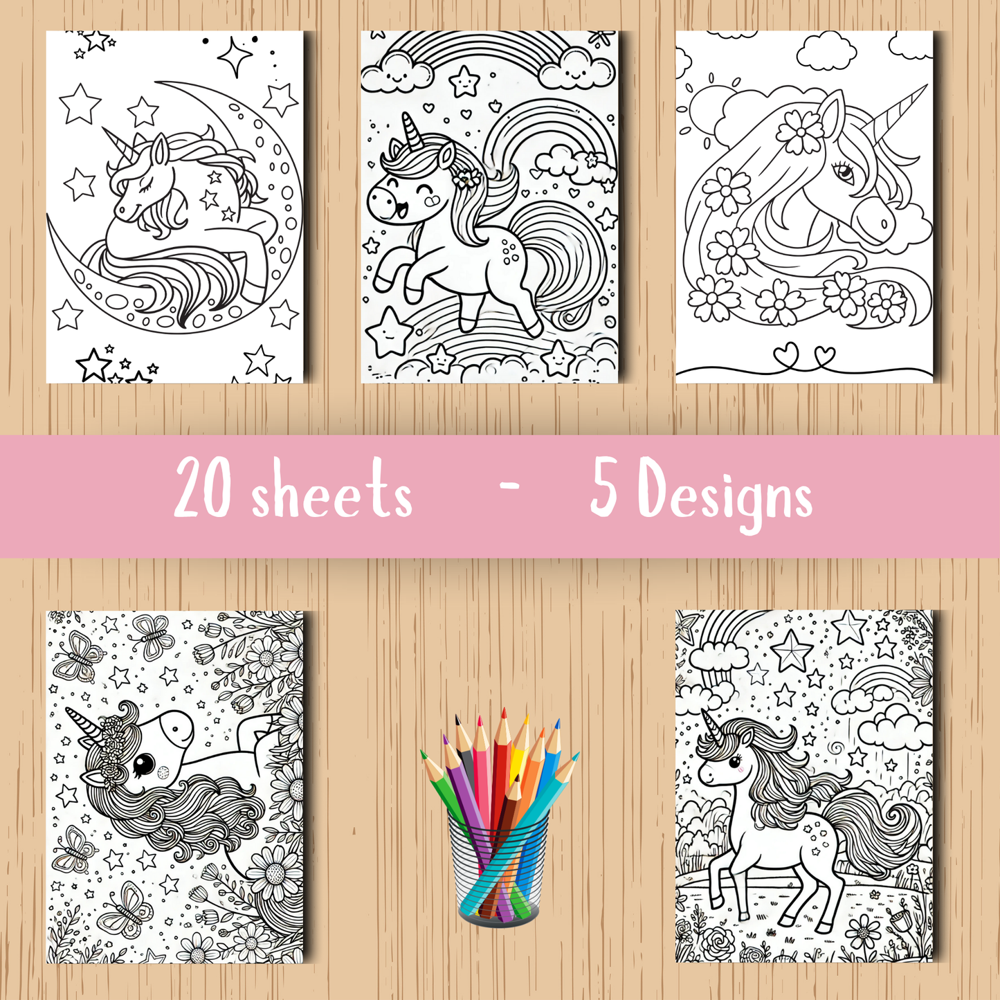 Unicorns colouring sheet pack - 5 designs, 20 sheets, Kids and Adult colouring pack, bespoke colouring sheet stationery