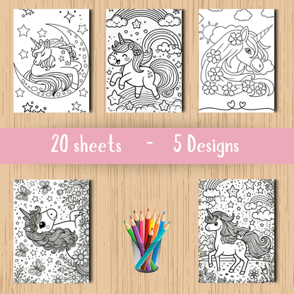 Unicorns colouring sheet pack - 5 designs, 20 sheets, Kids and Adult colouring pack, bespoke colouring sheet stationery