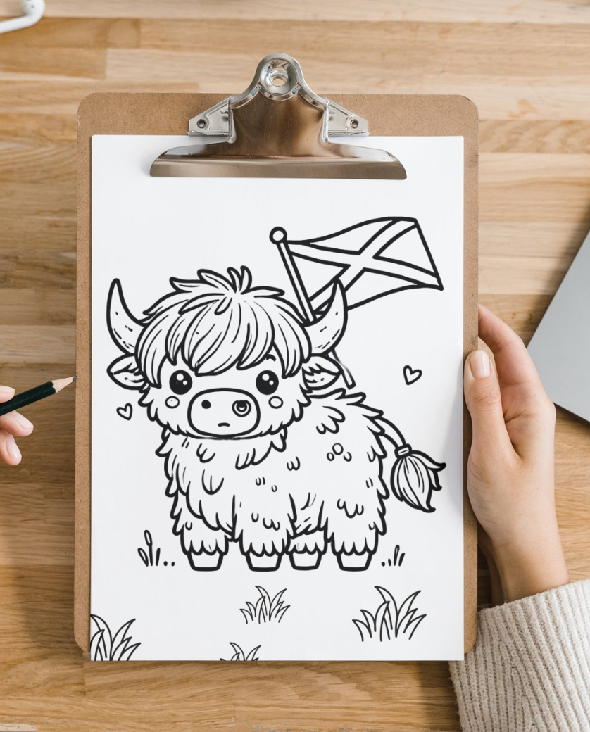 Highland Coo colouring sheet pack - 5 designs, 20 sheets