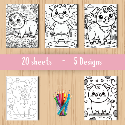 Cute Pigs colouring sheet pack - 5 designs, 20 sheets, Kids and Adult colouring pack, bespoke colouring sheet stationery